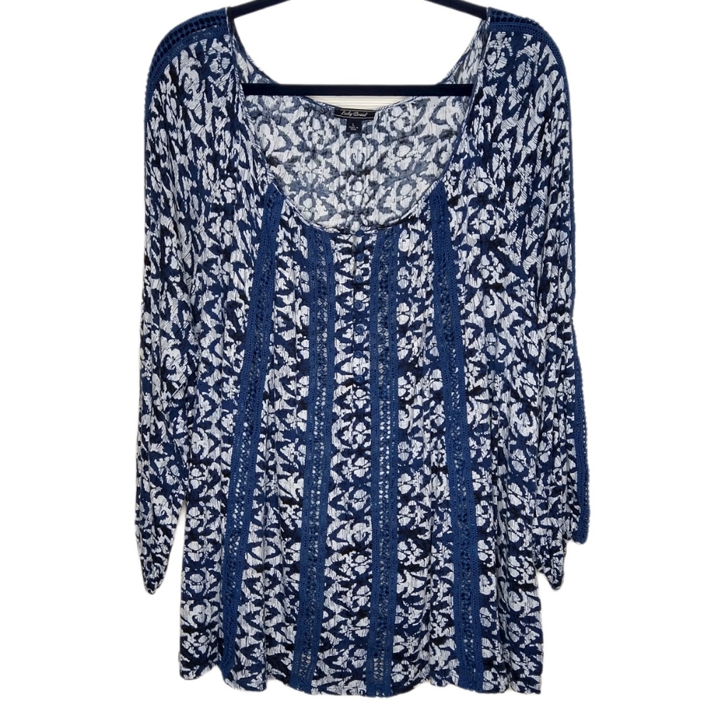Lucky Brand Women L Oversized Cottagecore Peasant Crochet Lace Boho Top